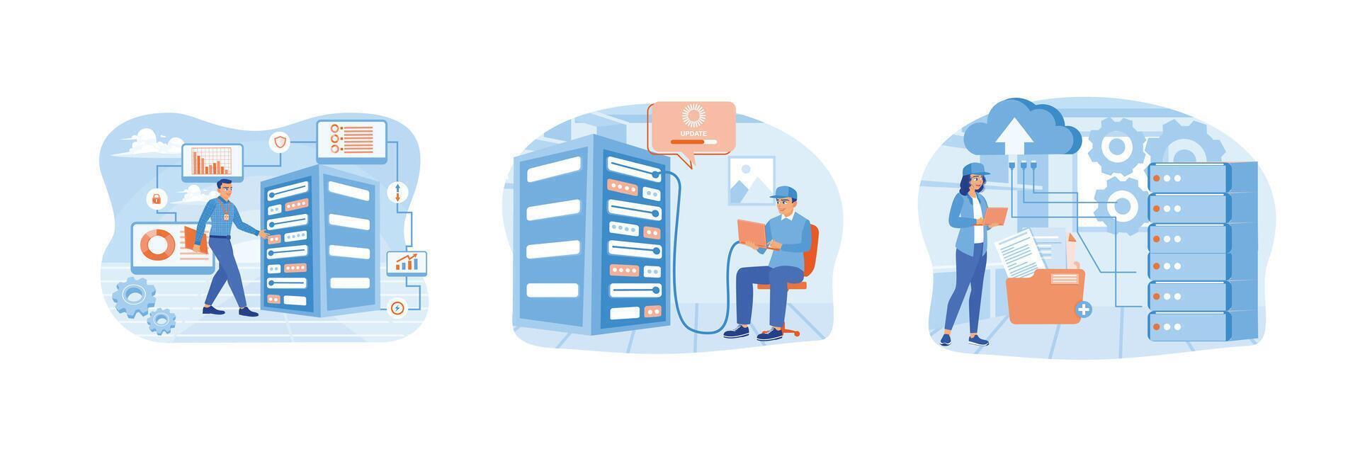 Concept of server maintenance, optimizing computer networks, managing cloud computing performance. vector