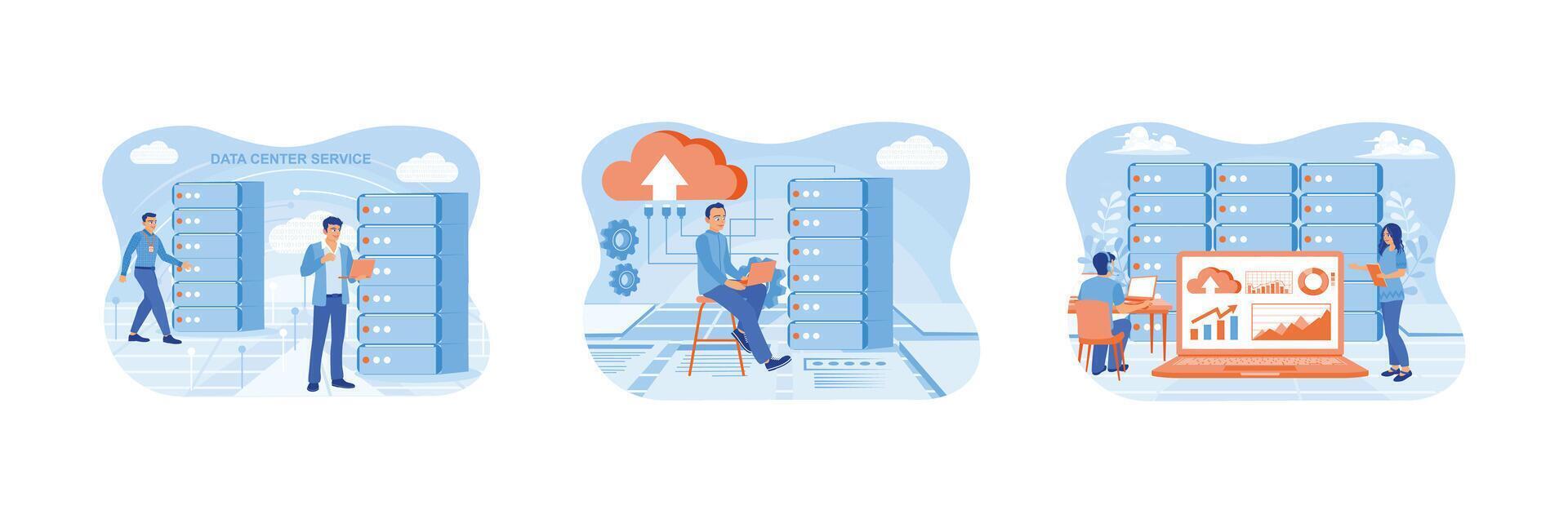 A man stores business data in a data center connected in a cloud computing service. vector