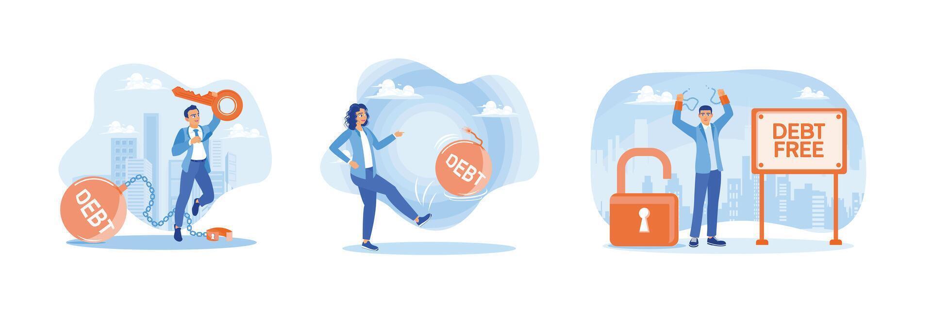 Three illustrations depicting debt-free entrepreneurs. vector
