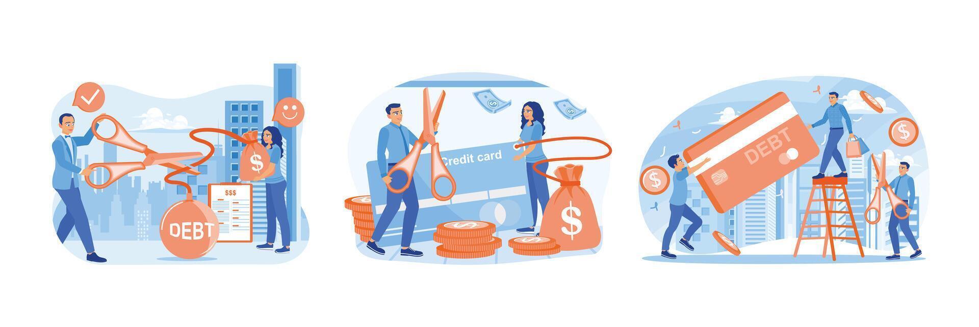 Three illustrations depict borrowing money from a bank to pay a debt. vector