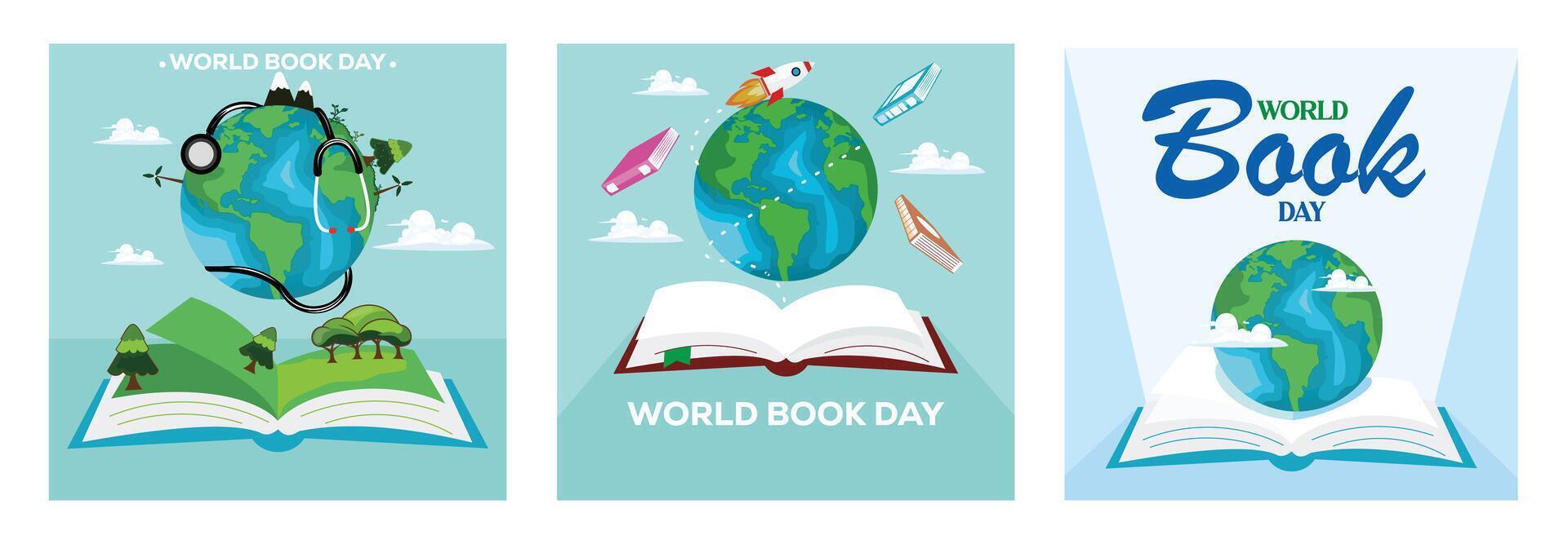 World Book Day celebration featuring earth and open book cartoon illustrations. vector