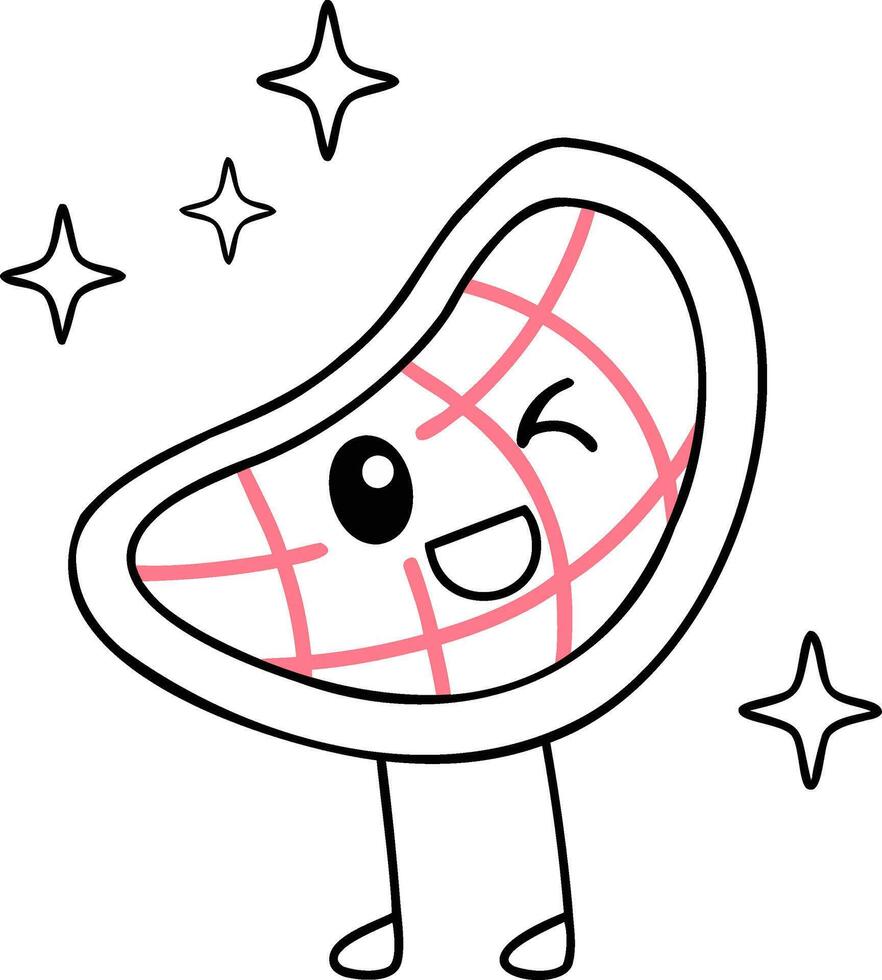 A cheerful cartoon steak character with a smiling face, sparkling stars, and cute legs, emphasizing a fun and playful food theme. vector
