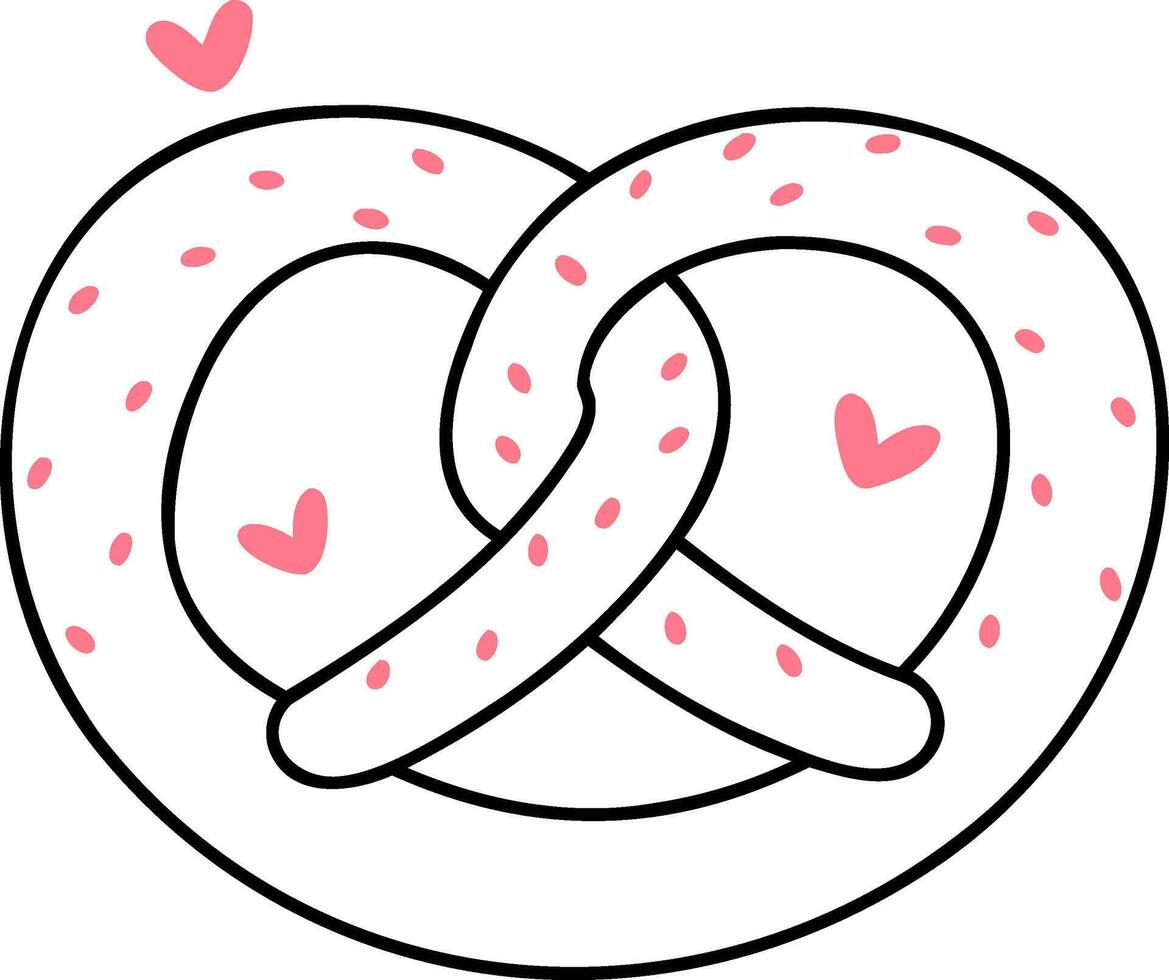 A cute, cartoon-style pretzel intertwined with small hearts, symbolizing love and affection in a playful design. vector