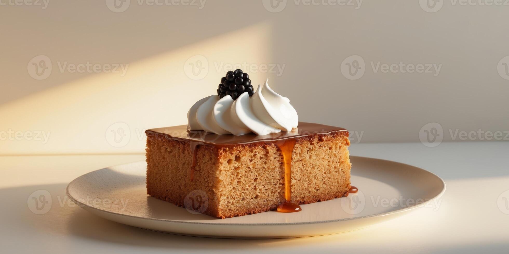 Delicious Caramel Cake Dessert Topped with Whipped Cream and Blackberry. photo