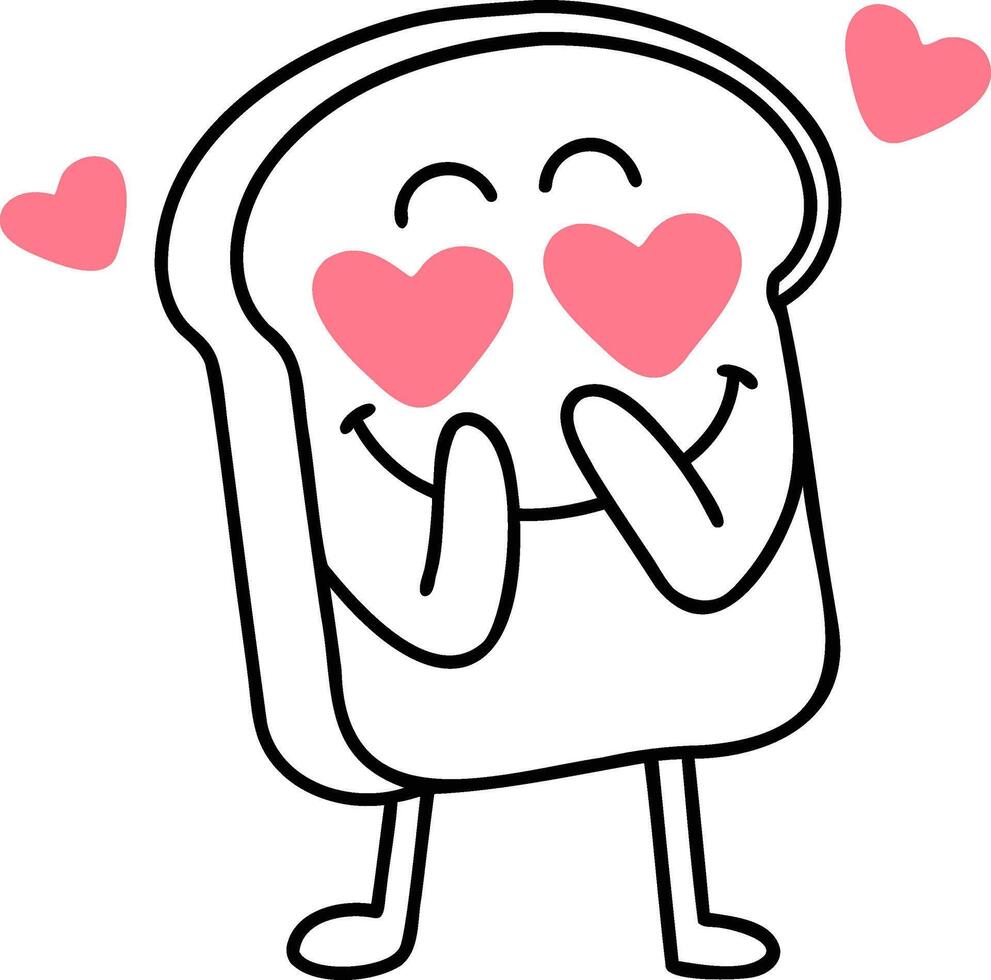 A cute cartoon slice of bread with heart eyes, expressing joy and affection, surrounded by pink love hearts. vector