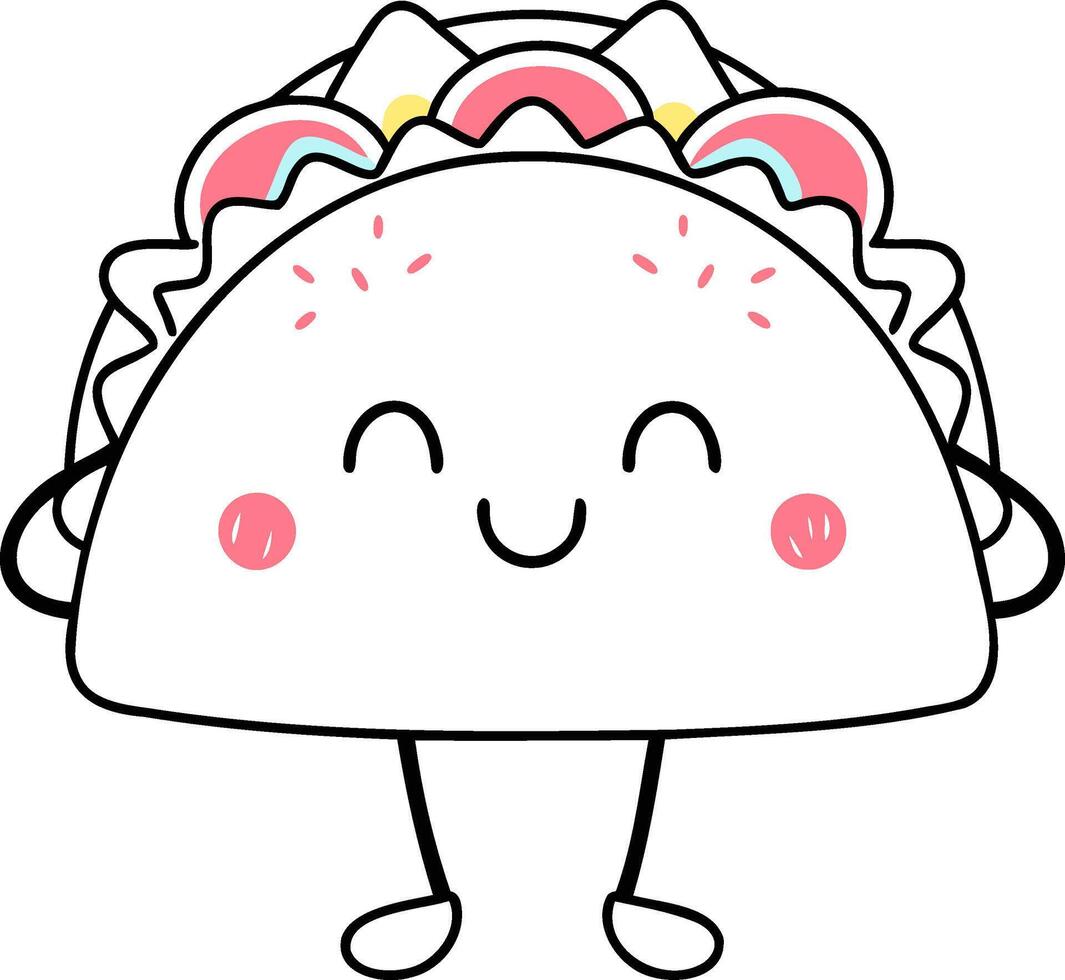 A cute, smiling taco character with colorful toppings, exuding cheerfulness and charm. vector