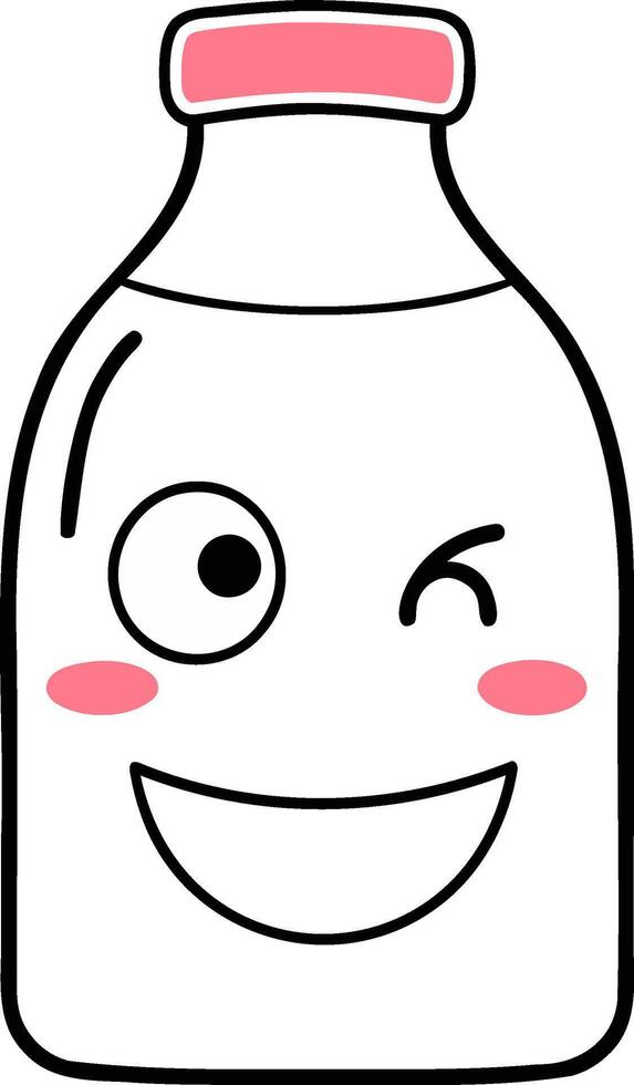 A playful, cartoon-style milk bottle with a cheerful face, winking and smiling, featuring a pink cap and rosy cheeks. vector