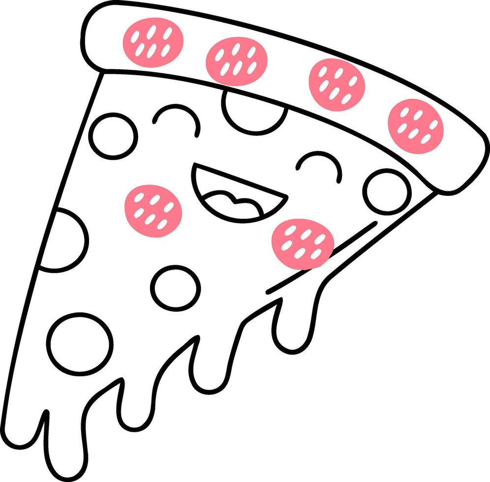 A cheerful cartoon slice of pizza with pepperoni, smiling and dripping cheese, embodying fun and deliciousness. vector