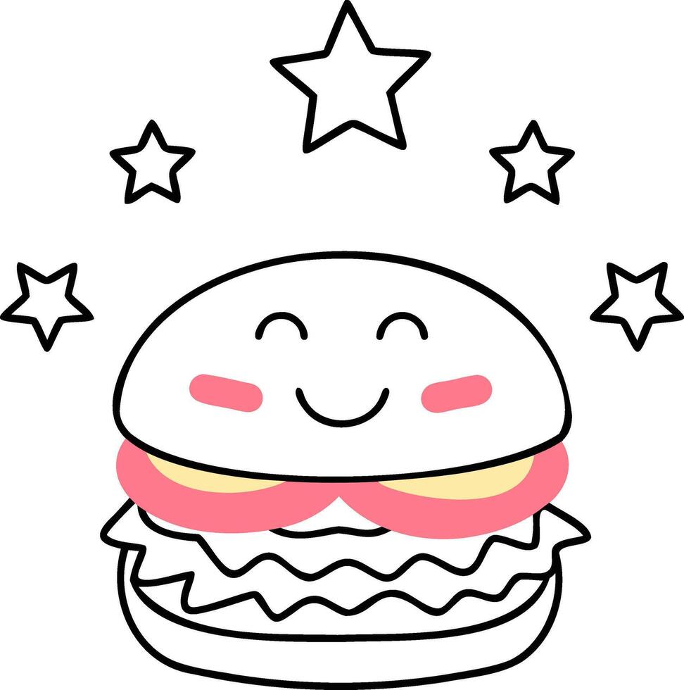 A cute, cartoon-style hamburger character with a smiling face and stars around it, conveying joy and deliciousness. vector