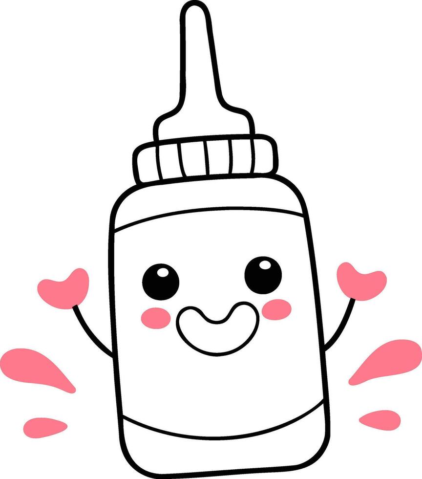 A cheerful, cartoon-style mustard bottle with a smiling face and playful hands, surrounded by pink accents. vector