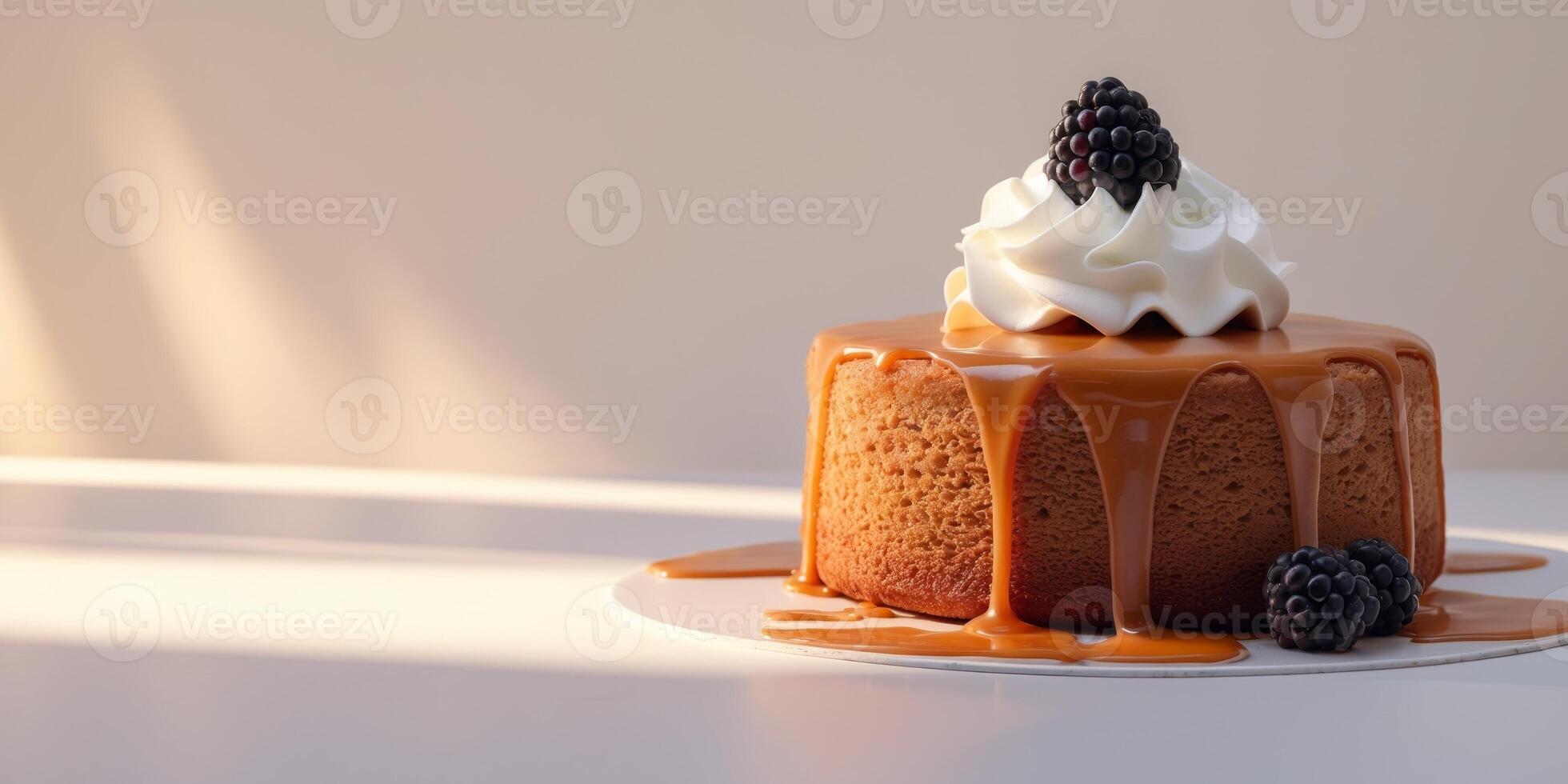 Delicious Caramel Cake Dessert Topped with Whipped Cream and Blackberry photo