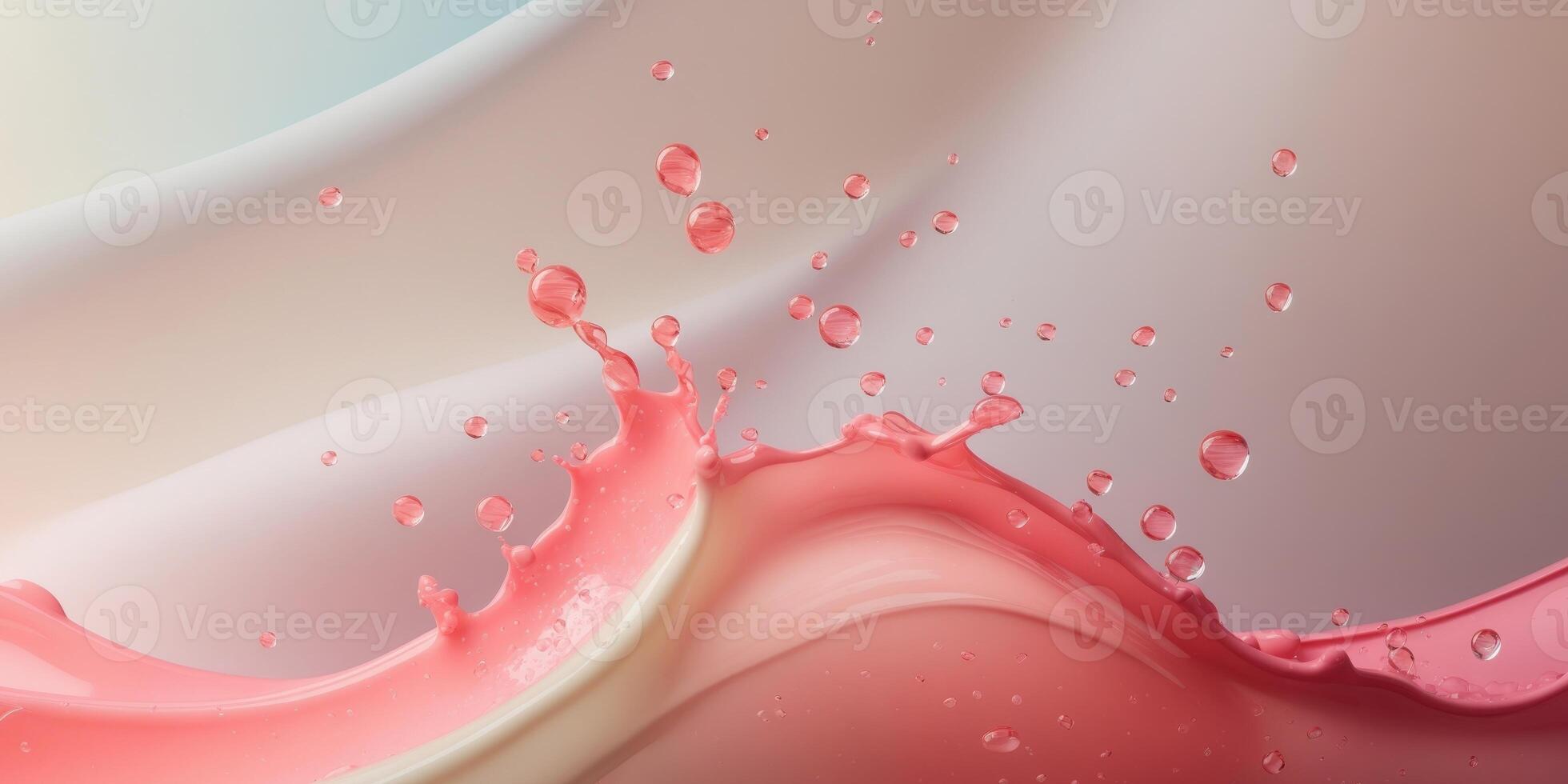 Coral pink liquid splashing and making drops on gradient background. photo