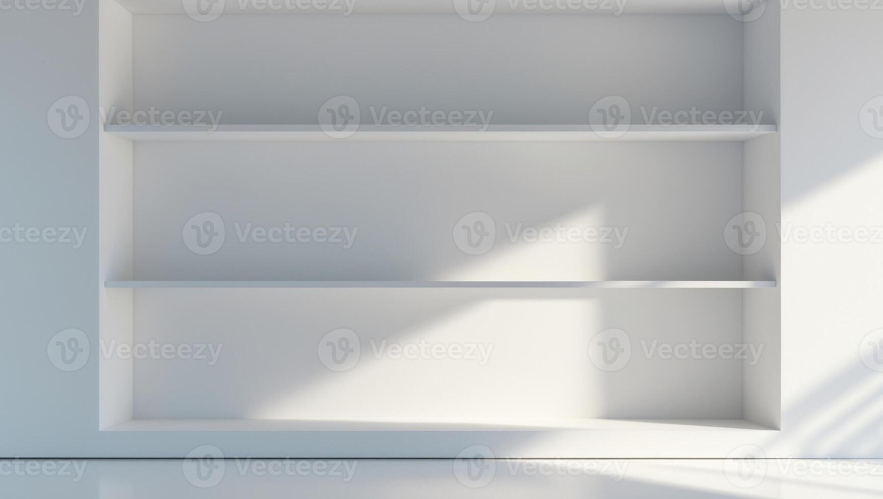 Empty white shelf on white wall background photo