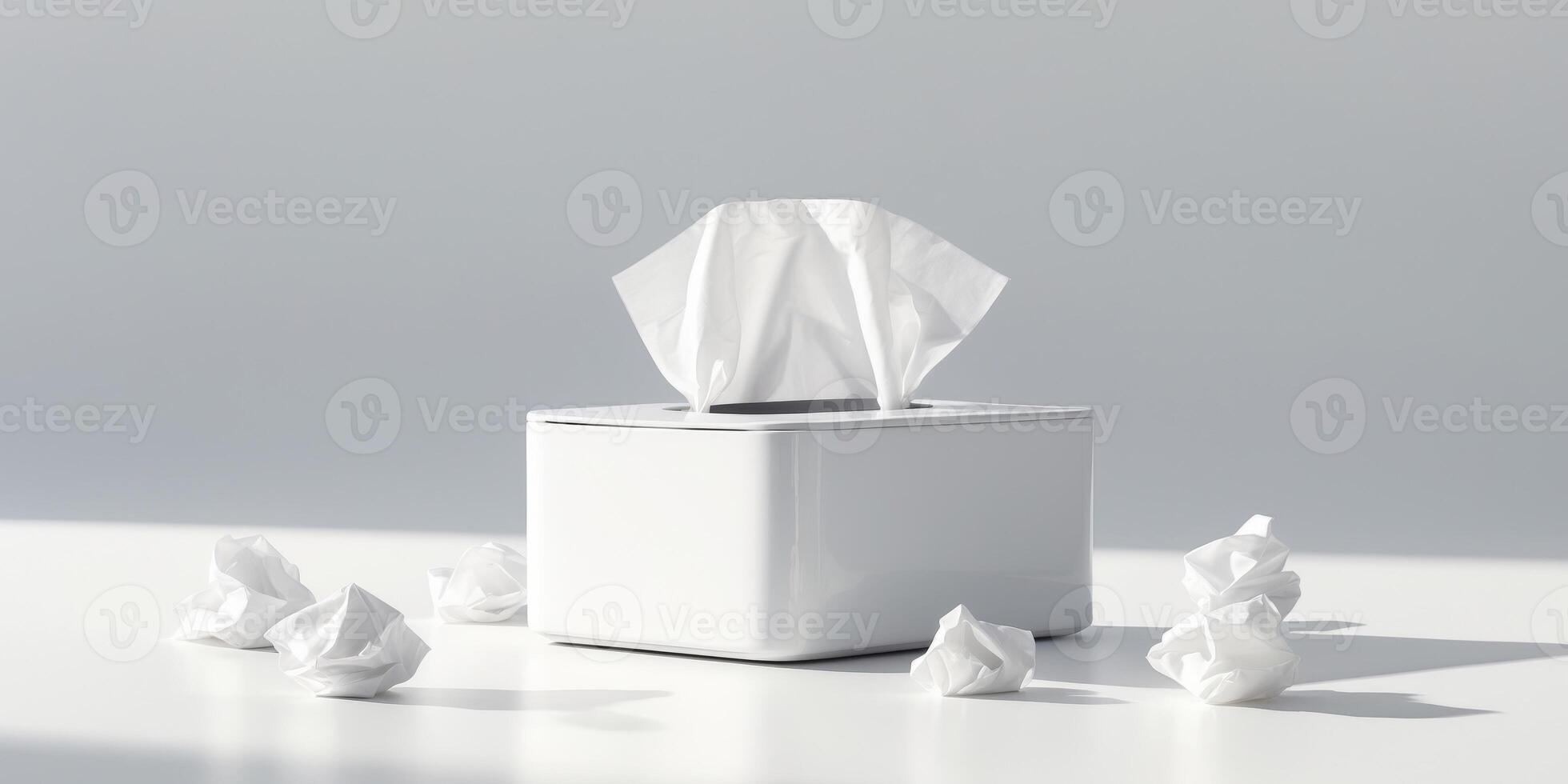 White tissue box with crumpled tissues on a clean background. photo