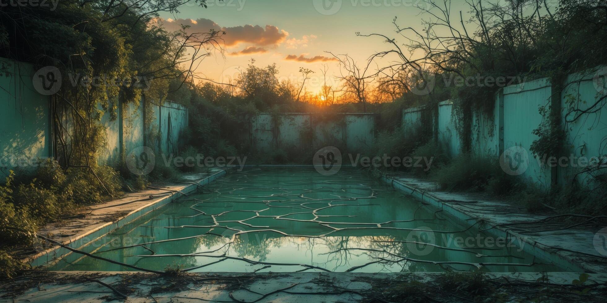 Abandoned Swimming Pool Surrounded by Overgrown Vegetation and Eerie Atmosphere at Sunset photo