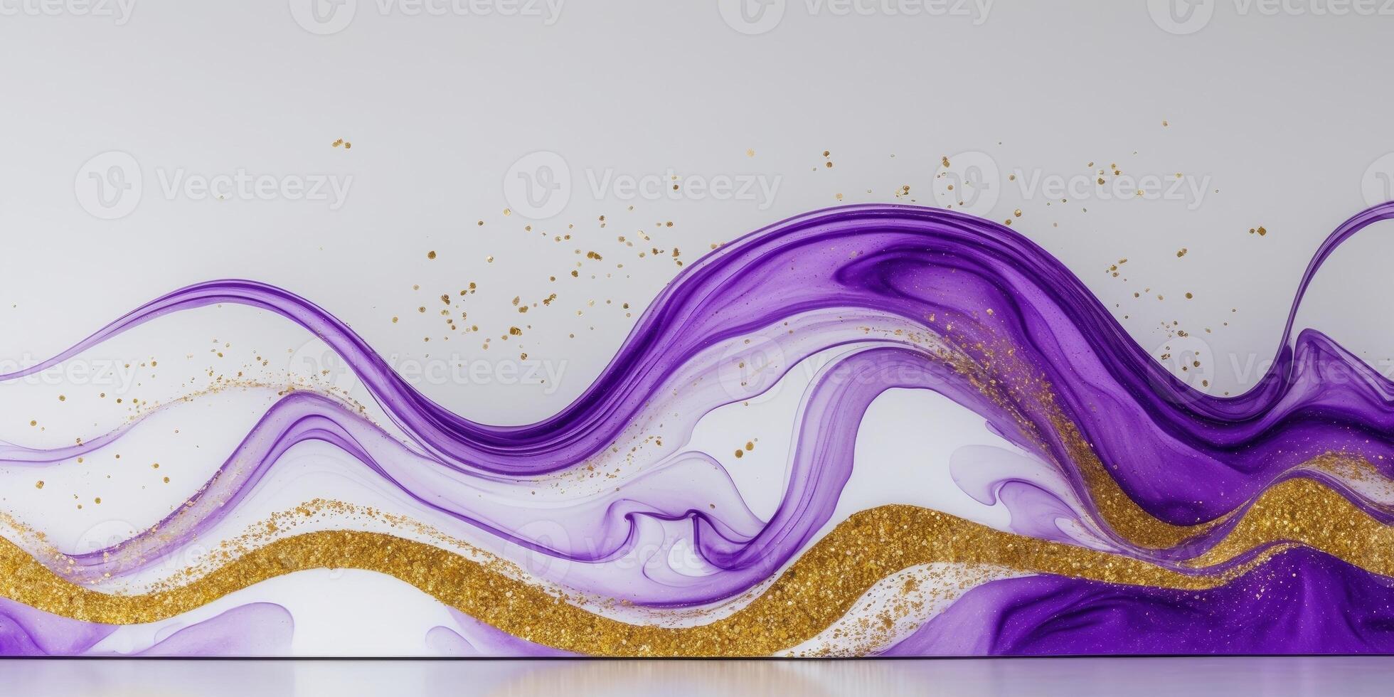 Abstract fluid art background with purple and gold glitter swirls on a white surface. photo