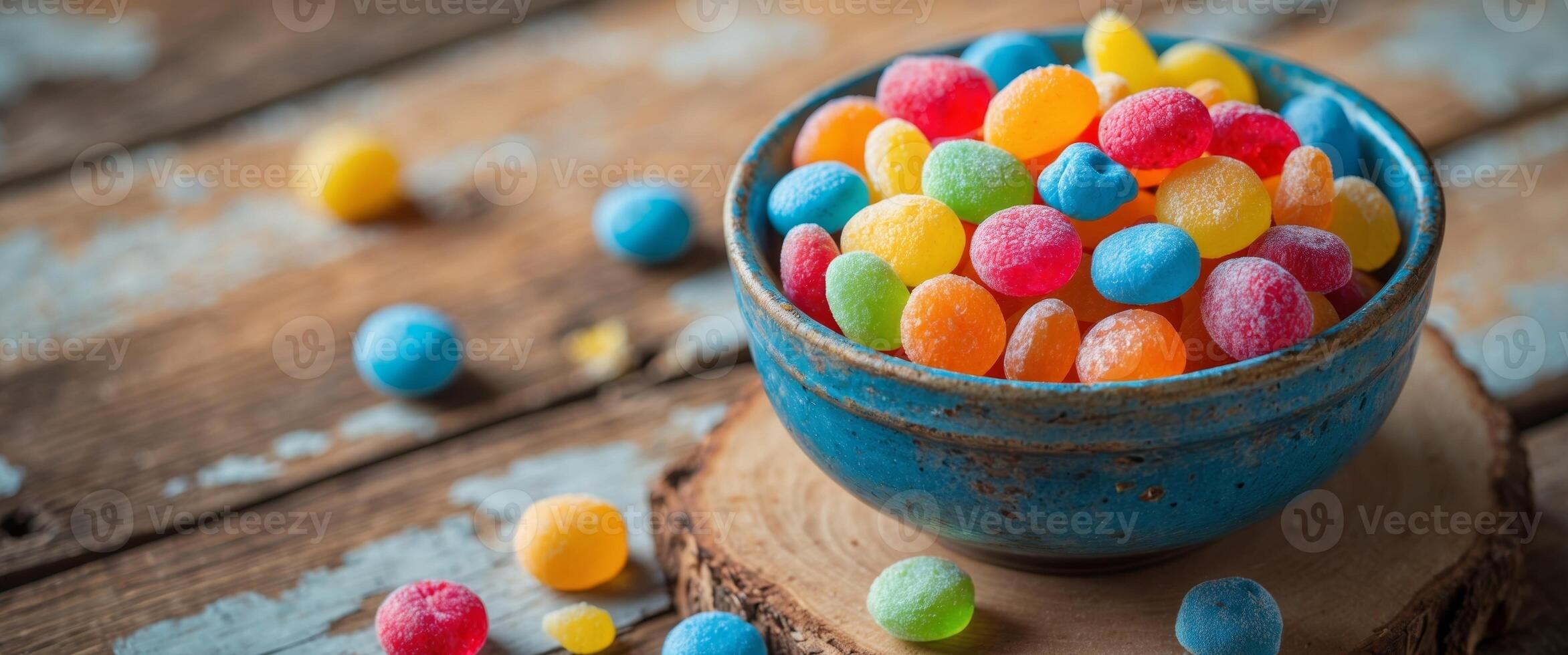 A vibrant mix of colorful candies and fruit snacks in a rustic blue bowl on a wooden surface. photo