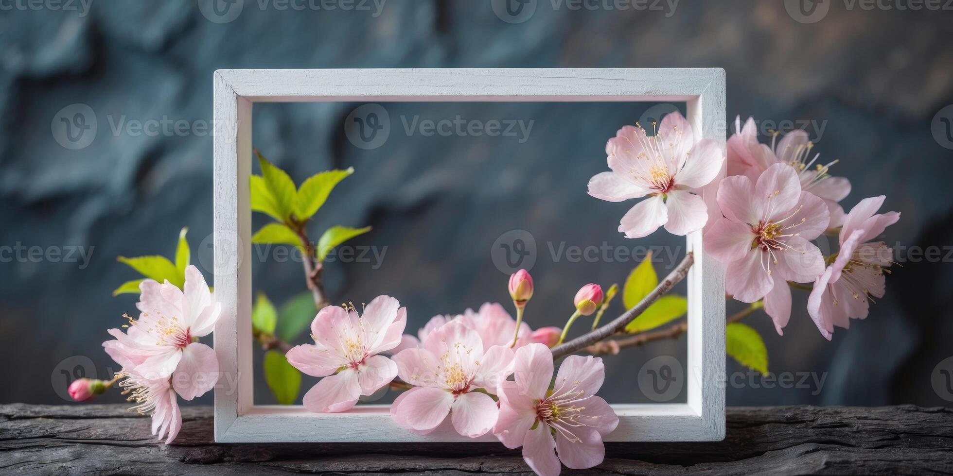 Pink cherry blossom flowers frame on a textured dark background with green leaves Copy Space. photo