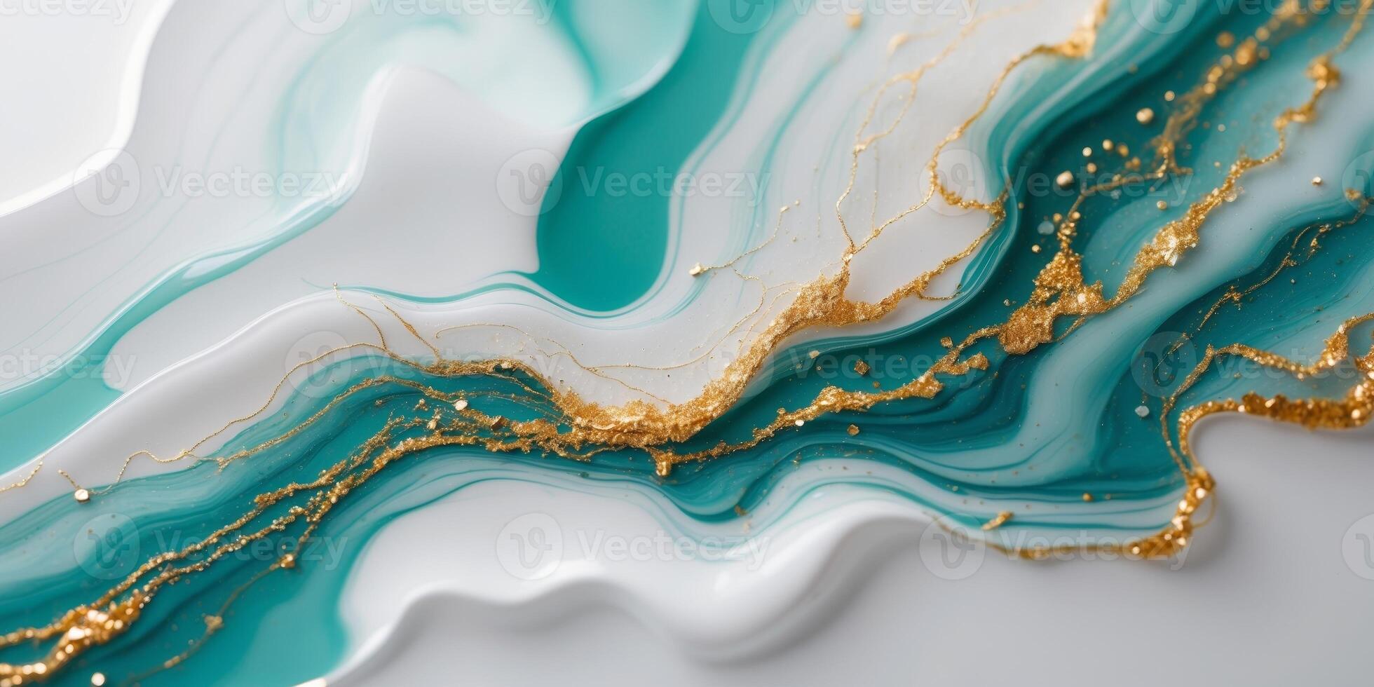 Abstract teal and white fluid art with sparkling gold accents creating a marble effect photo