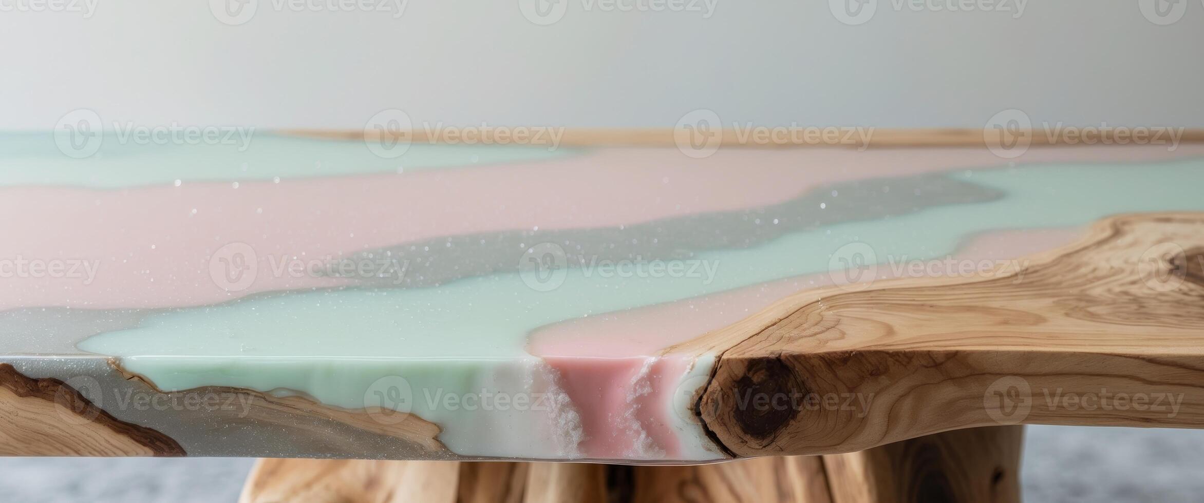 Wooden river table with decorative epoxy pastel color resin. photo