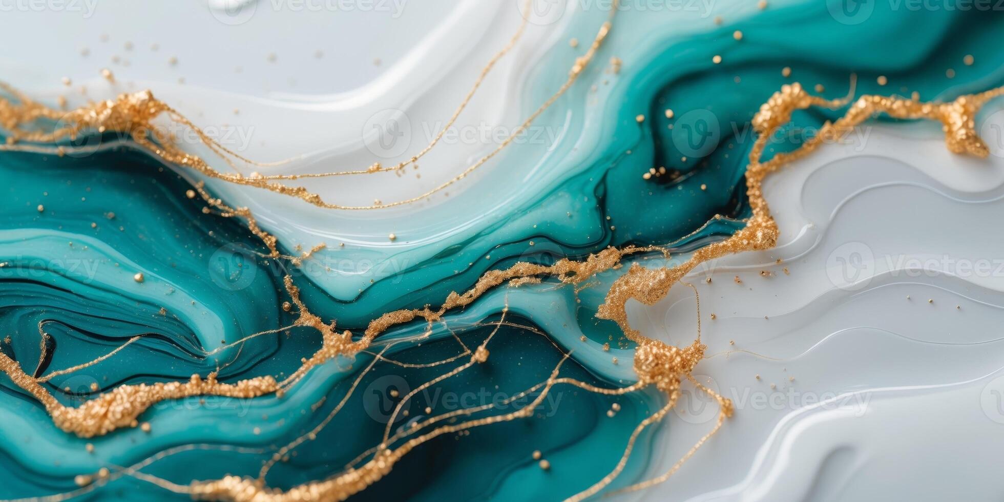 Abstract teal and white fluid art with sparkling gold accents creating a marble effect. photo