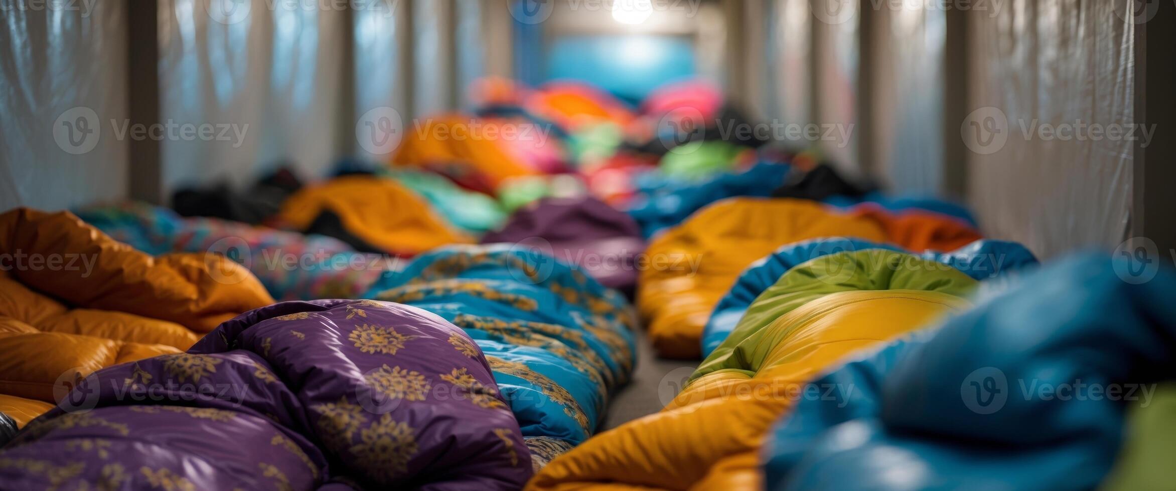 Cozy Warmth in an Emergency Shelter Colorful Sleeping Bags and Community Resilience. photo