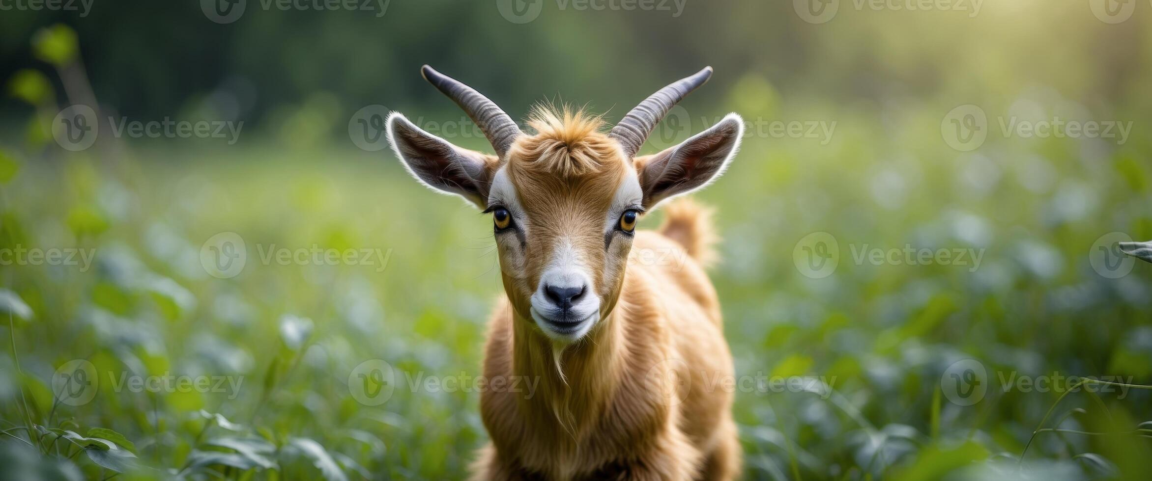 A young golden goat stares directly ahead photo