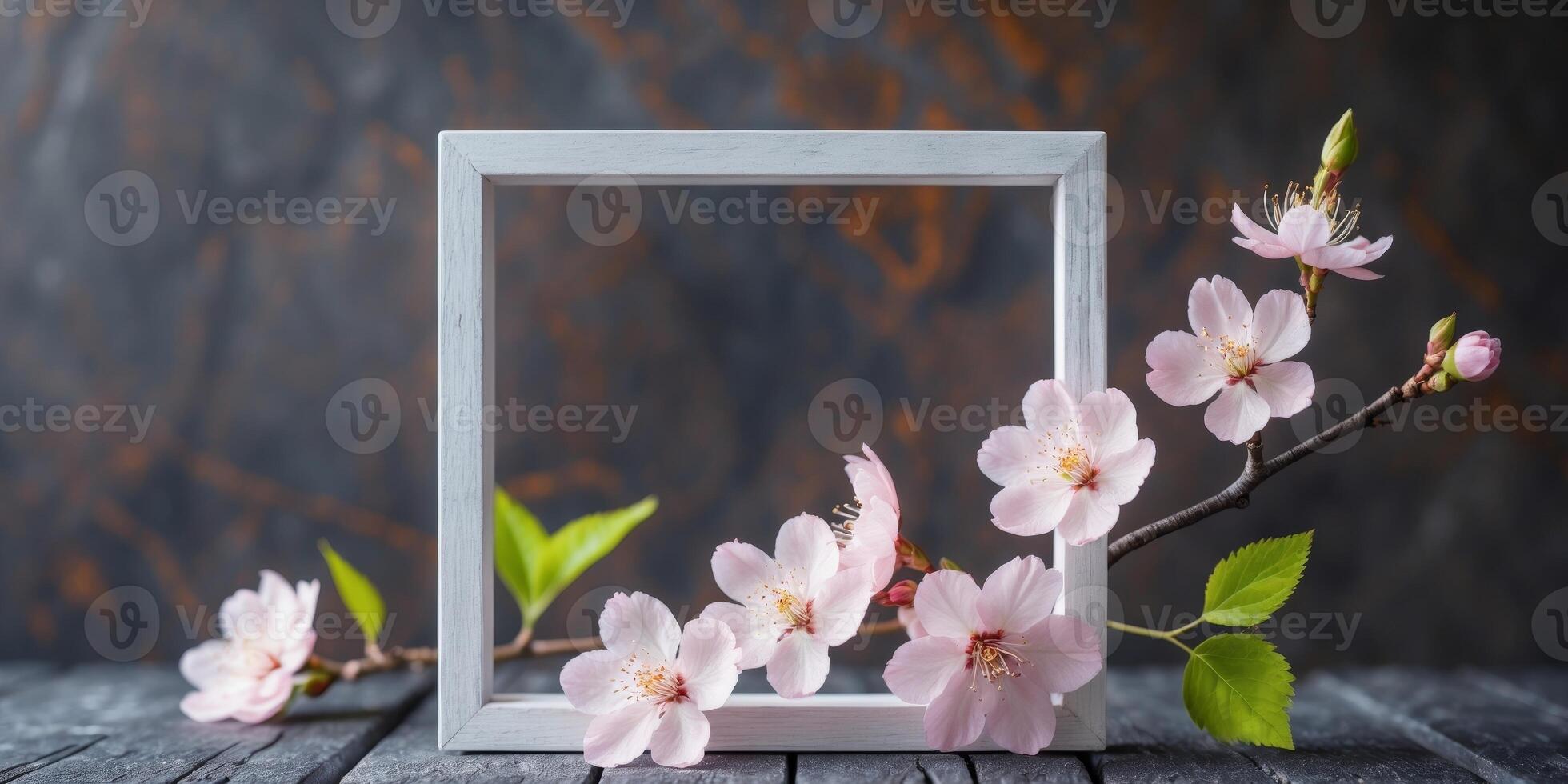 Pink cherry blossom flowers frame on a textured dark background with green leaves Copy Space photo