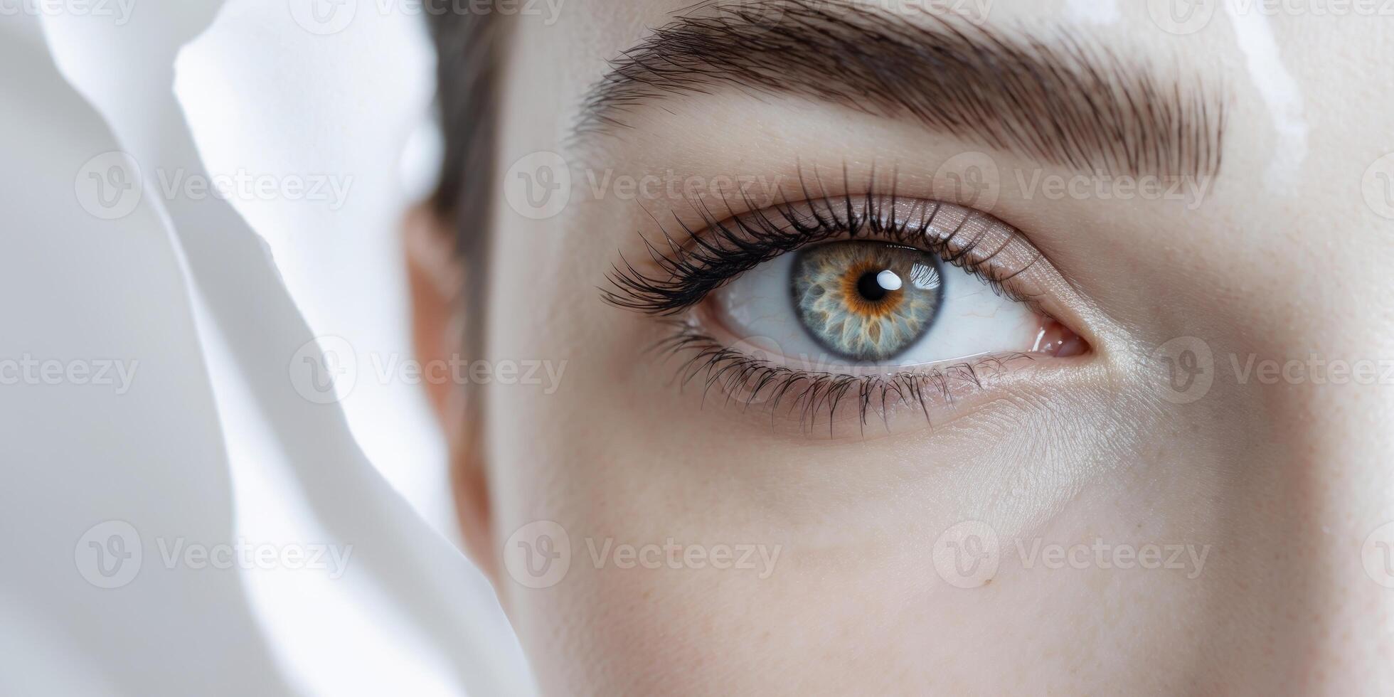 Hazel eye with perfect eyebrows and glowing skin highlights natural beauty in a close up cosmetic shot photo