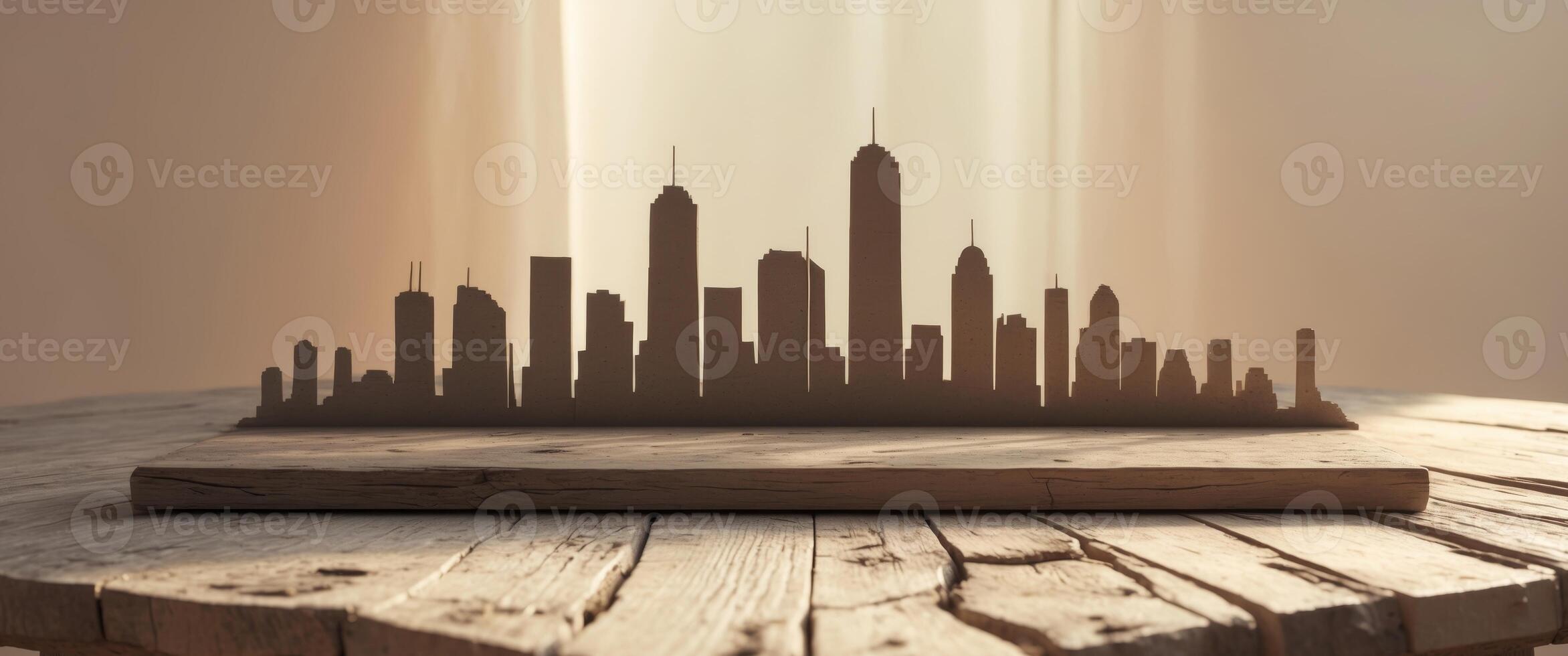City skyline simulation on wooden table with warm indoor lighting and blurred background. photo
