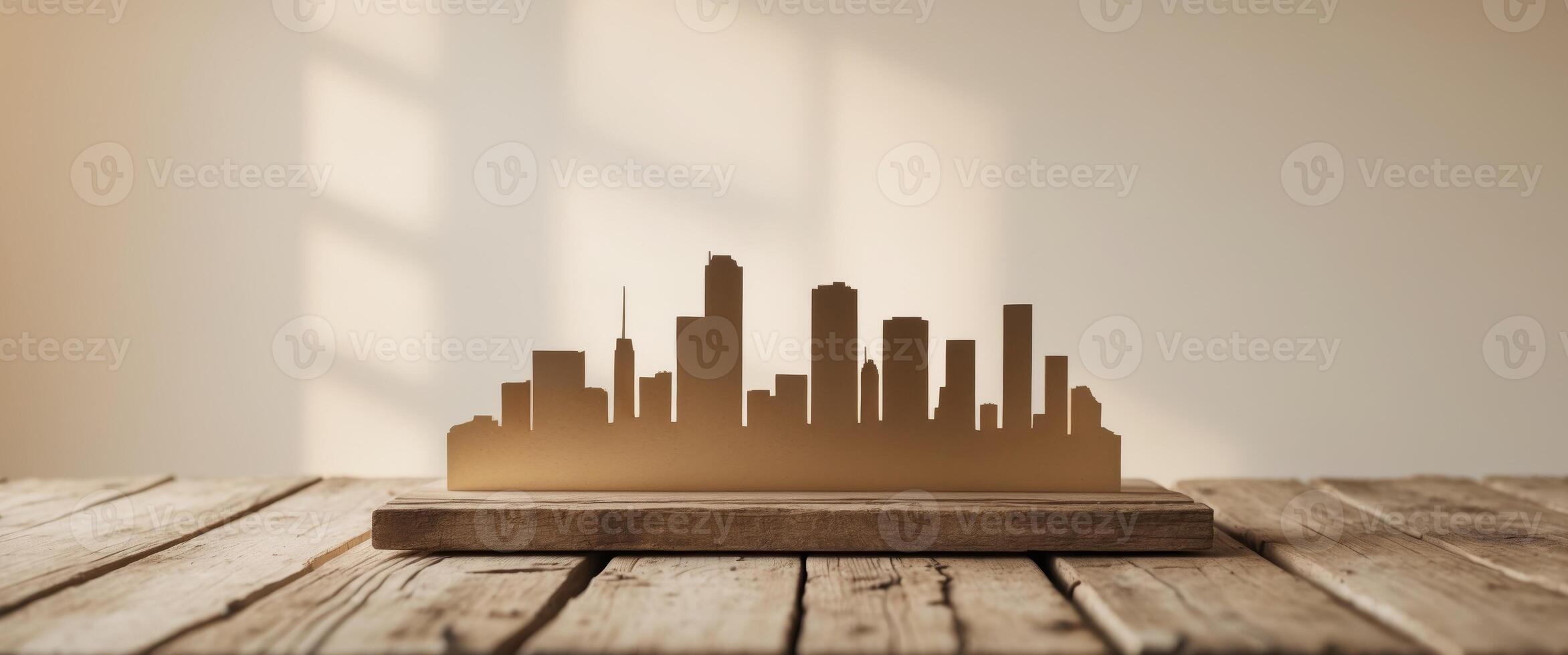 City skyline simulation on wooden table with warm indoor lighting and blurred background photo
