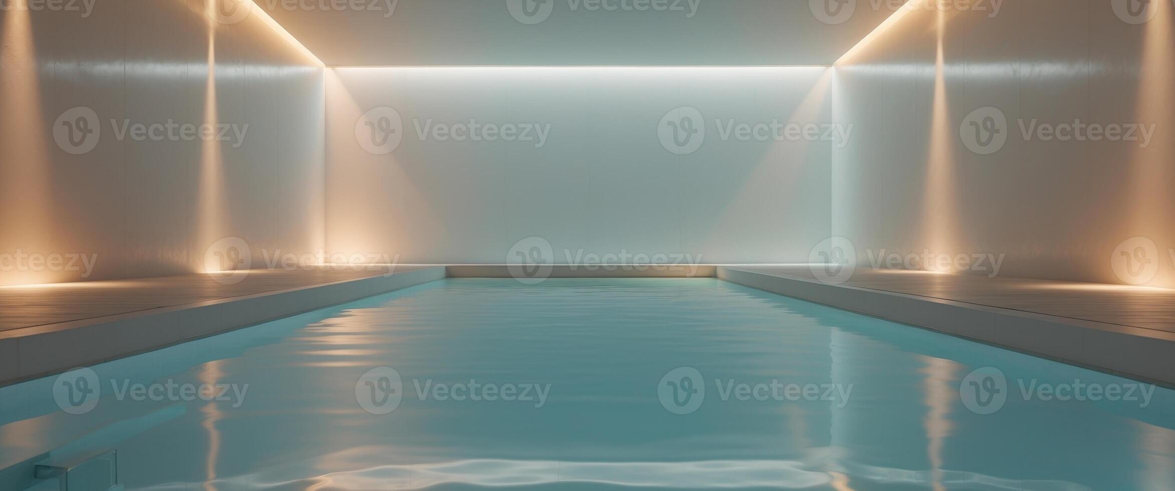 Modern Indoor Swimming Pool with Luminous Atmosphere and Reflective Water Surface for Active Recreation. photo