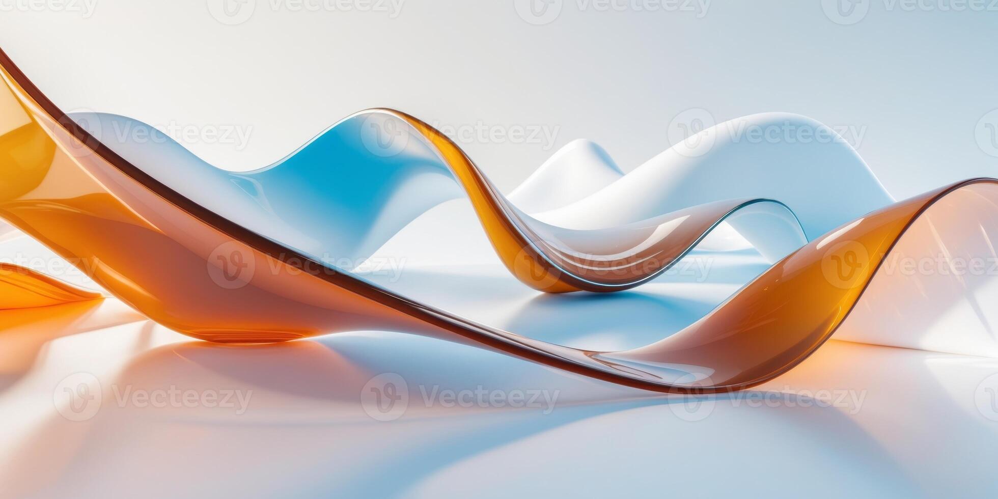Abstract flowing glass shapes in orange blue and white with light reflection and refraction. photo