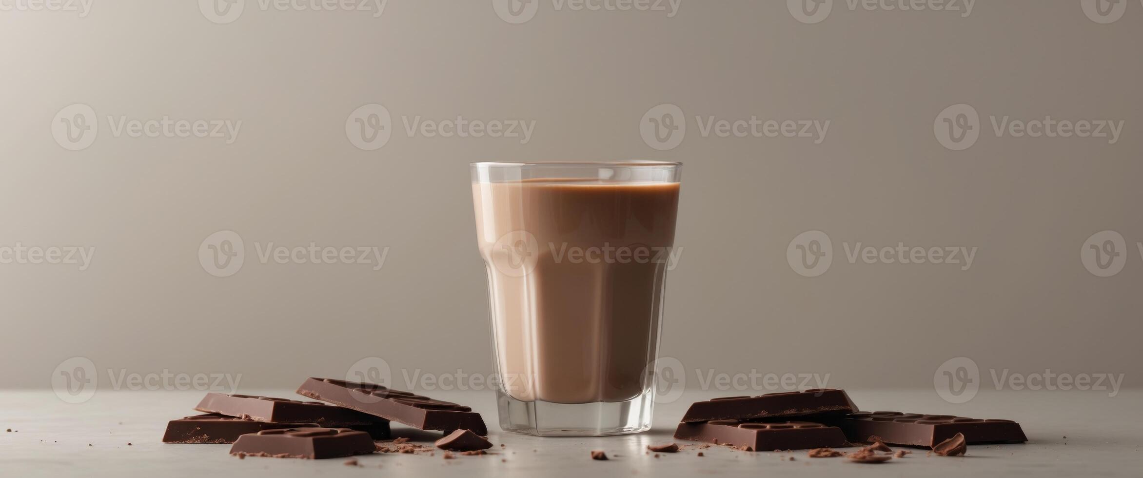 Glass of chocolate milk with pieces of dark chocolate bar photo