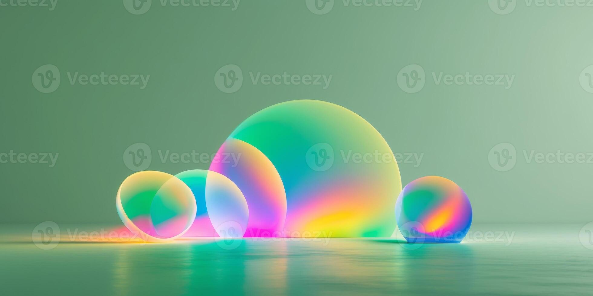 Abstract Circular Shapes Glowing with Colorful Light on a Green Background. photo