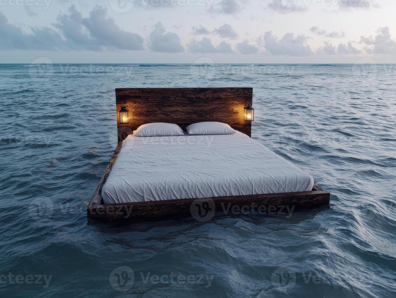Wooden bed floating on the ocean at sunset photo
