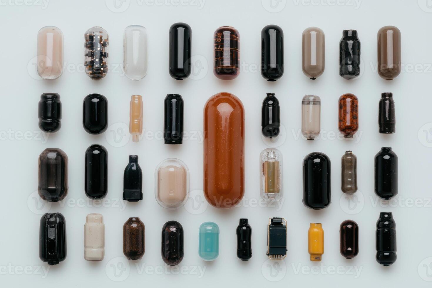 Collection of various capsule shaped objects arranged on a white background photo