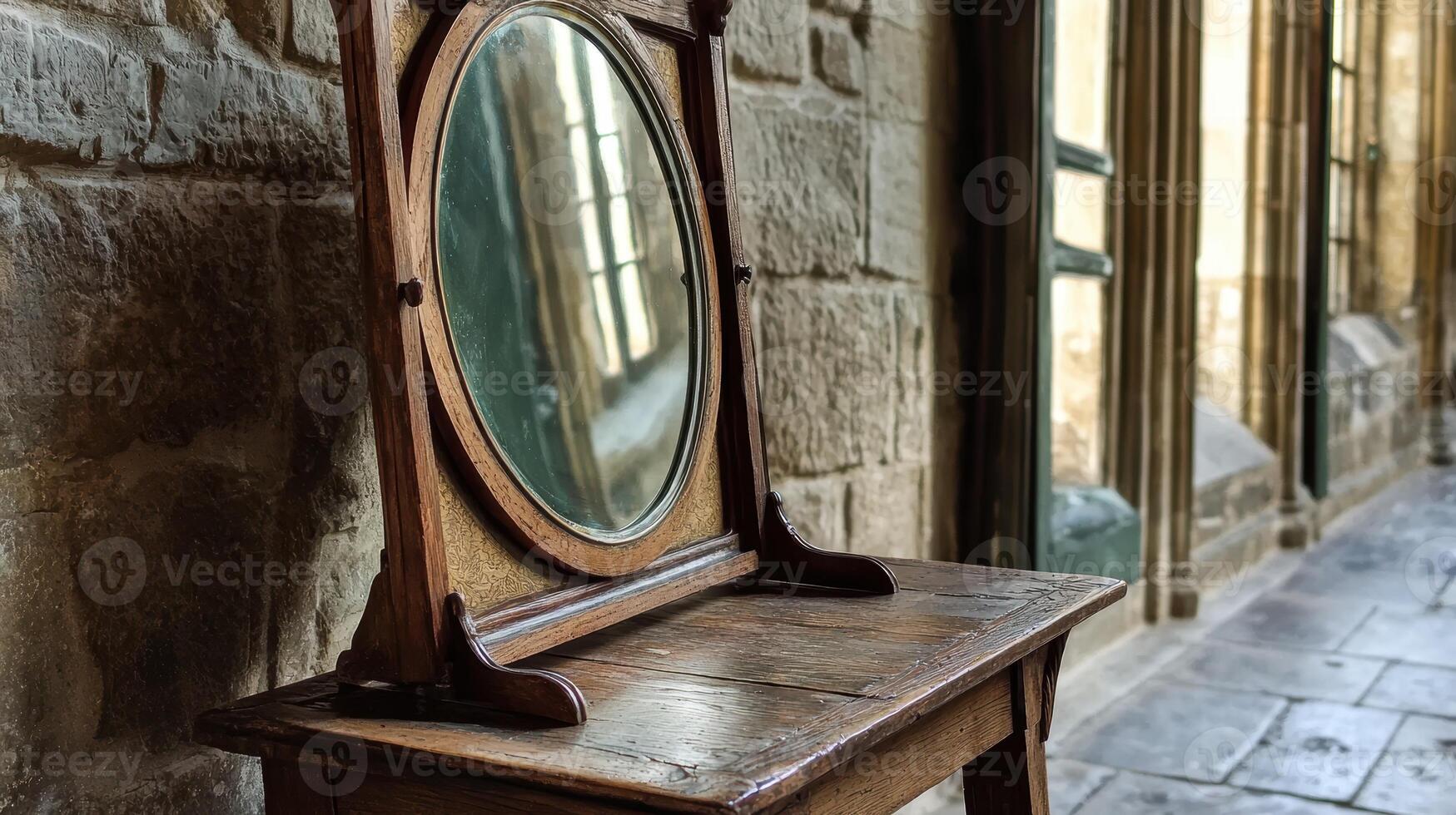 Antique wooden vanity mirror in a stone hallway photo