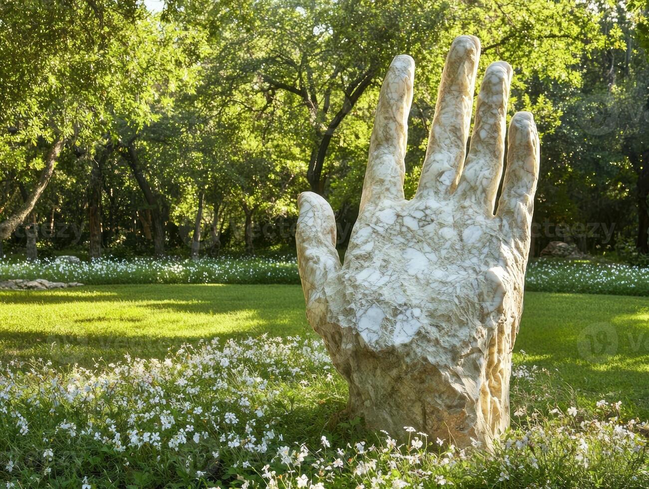Large stone hand sculpture in a garden setting photo