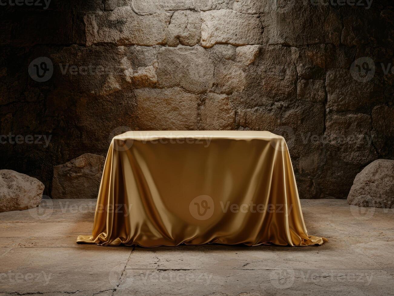 Mysterious golden cloth draped over a table in an ancient stone room photo