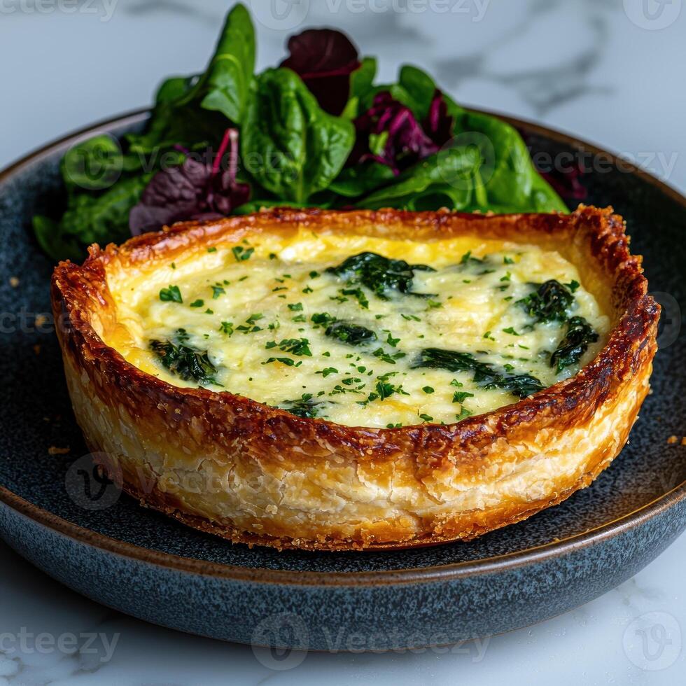 Delicious spinach and cheese quiche in a golden crust, served with a side salad photo