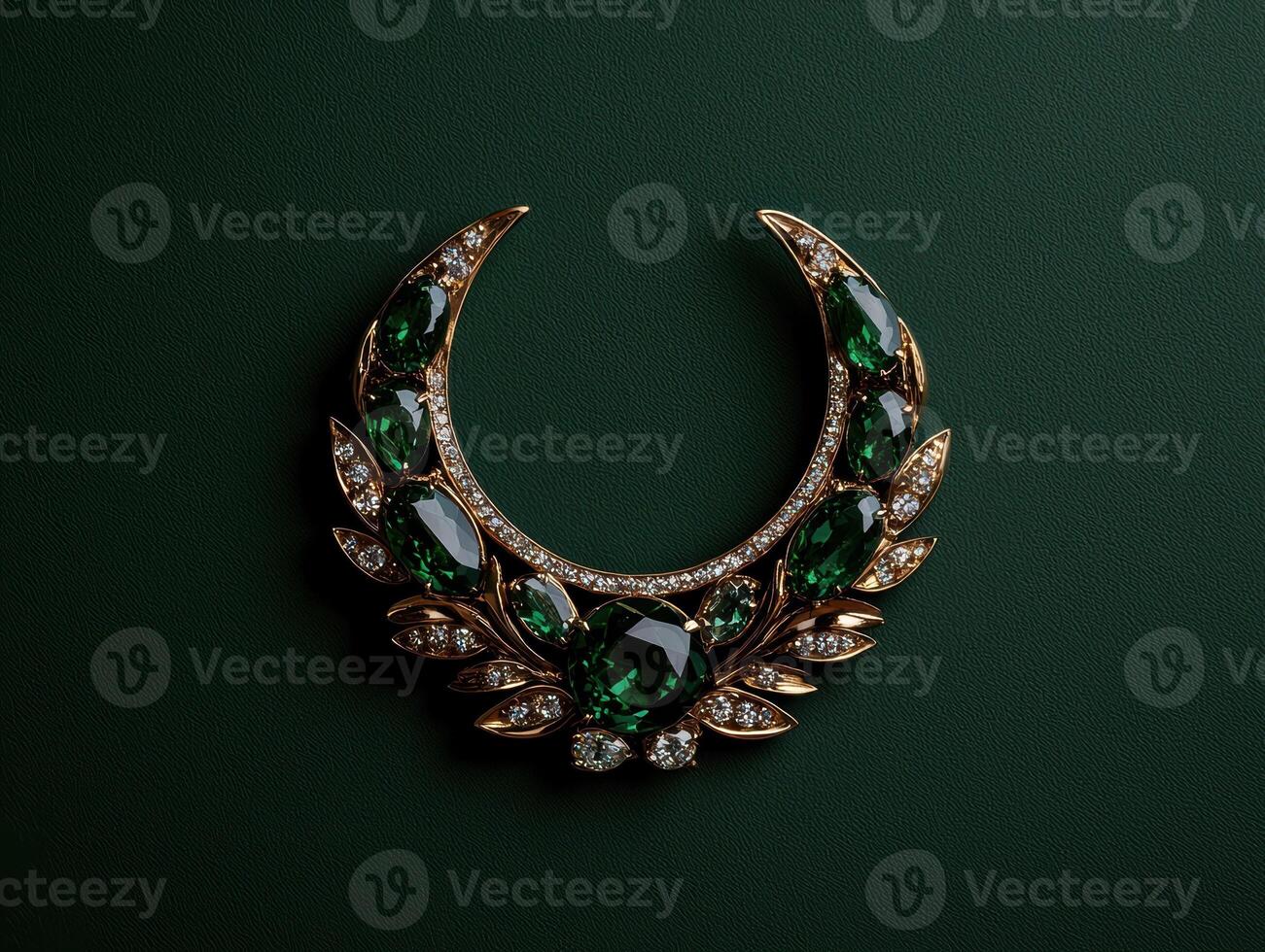 Crescent moon necklace with green gemstones and diamonds photo