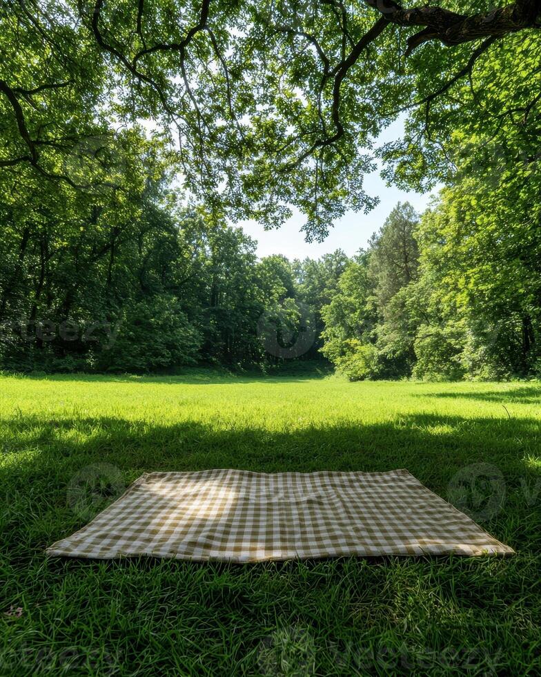 Empty picnic blanket in a sunny forest clearing. photo