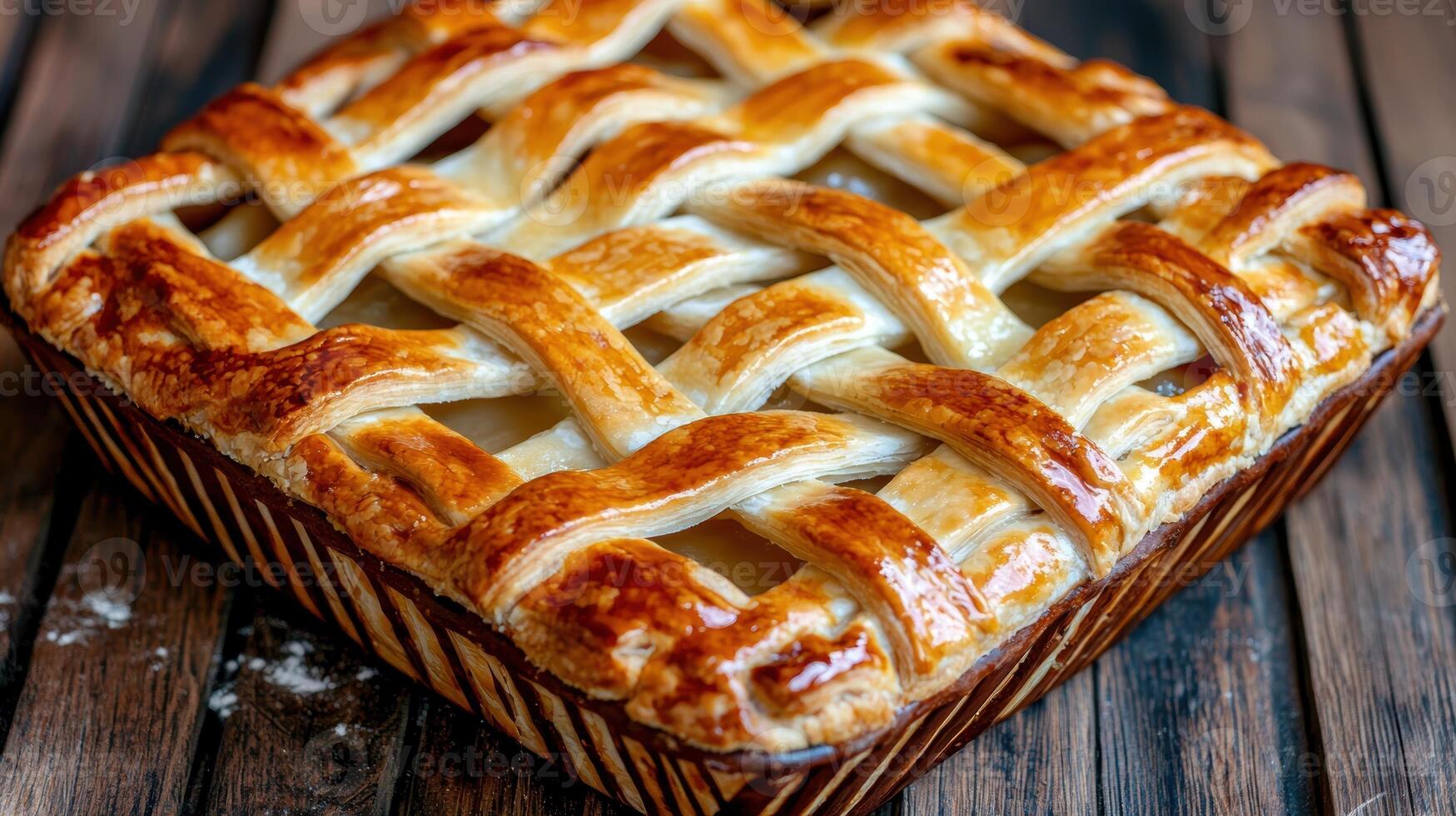 Delicious golden brown lattice top apple pie in a rustic wooden setting photo