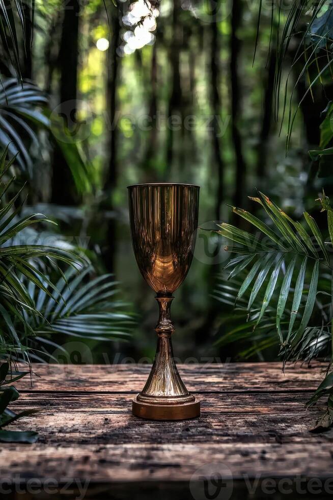 Golden chalice in lush jungle setting photo