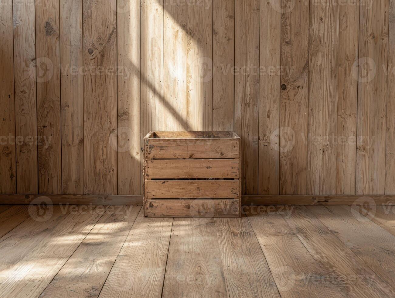 Empty wooden crate on rustic wooden floor and wall photo