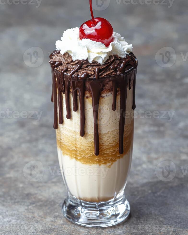 A delicious chocolate milkshake with whipped cream and cherry photo