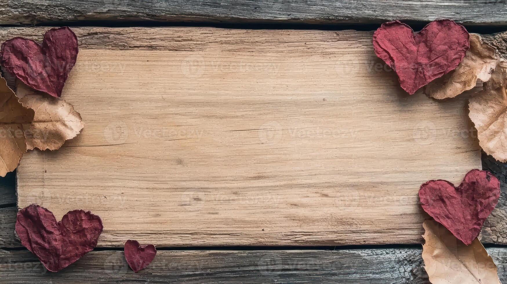 Rustic wooden background with autumn leaves and hearts photo