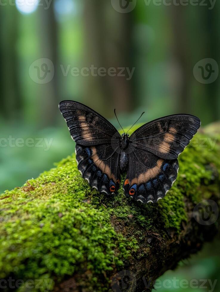 Black butterfly on mossy log in forest photo
