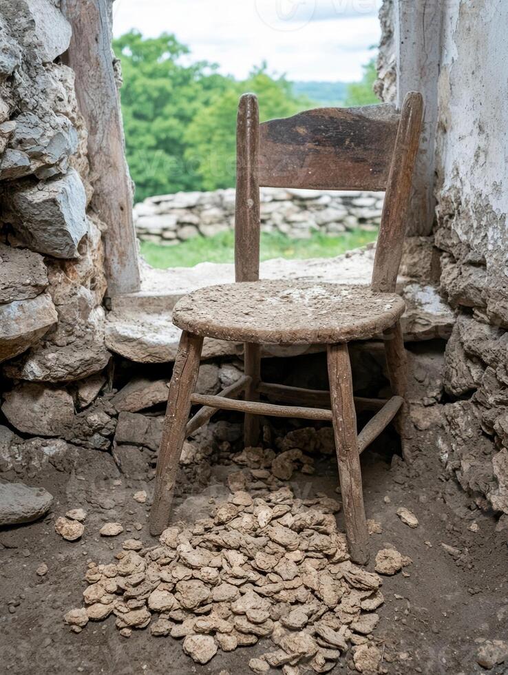 Old wooden chair in a dilapidated stone building with scattered clay objects on the floor photo